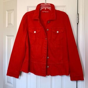 Chicos 2 (L) Red Denim Jacket Peplum Excellent Condition